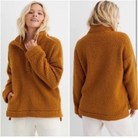 aerie Tops - Aerie Oversized Cloud Sherpa Quarter Snap Pullover Brown Mustard
